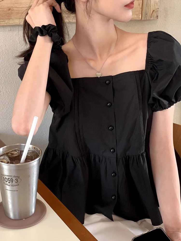 Chic Summer Loose Fit Bubble Sve irt Women's Square Collar Gored Hem Blouse Korean Sle ort Sve Faion