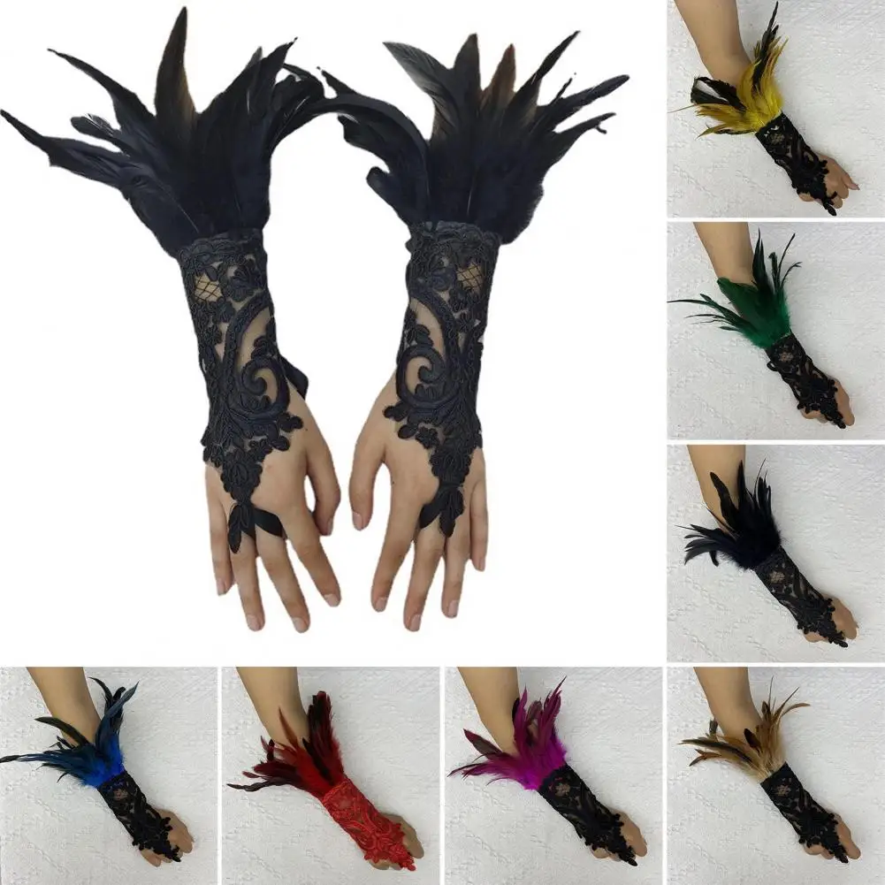 

Trendy Feather Gloves Elegant Lace Feather Long Gloves for Halloween Party Sexy Mesh Sleeve Mittins with Ribbon Tie Female Stage