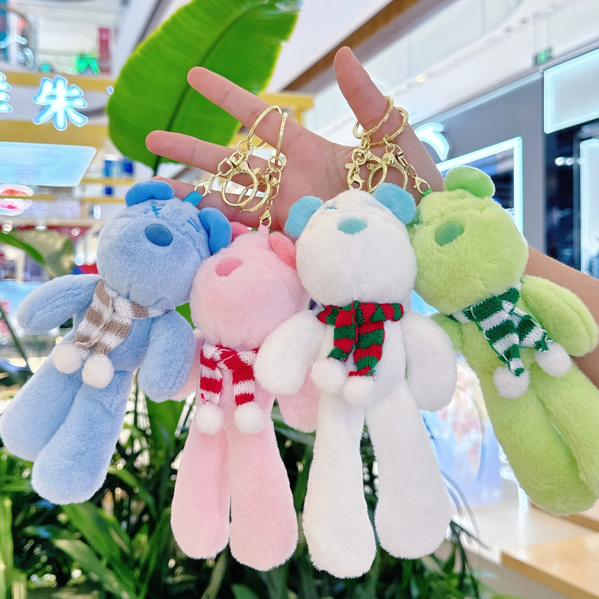 13CM 귀여운 긴 다리 털곰 열쇠고리 스카프 장식 플러시 장난감 귀여운 폭력곰 인형 키링 어린이 소녀 크리스마스 선물