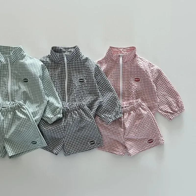 

New Baby Plaid Summer breathable Jackets Girls Fashion Thin Coats Children Zipper Top Clothes + Loose Shorts Outerwear for 1-7Y