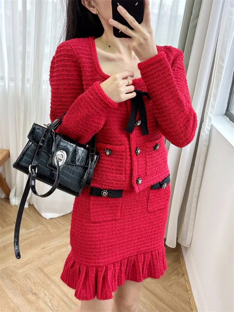 Weihnachtskleid, rot, elegantes Set, Schleife, quadratischer Ausschnitt, Waffel-Strickjacke + halber Rock für Damen, 2-teiliges rotes Tweed-Set für Damen