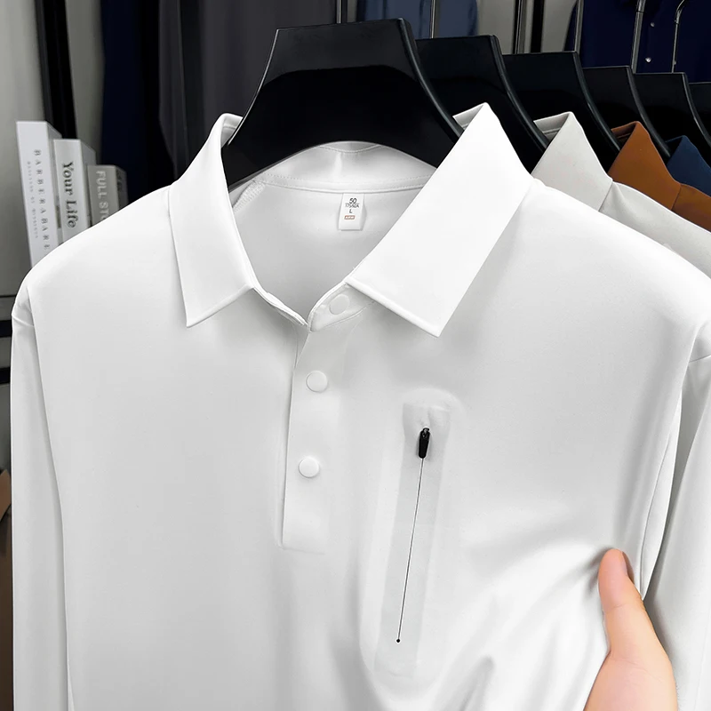 

Высококачественные чистые цвет длинными рукавами Polo рубашки мода индивидуальность молния декор перевернутый воротник футболка осенняя новая Отдых мужская одежда