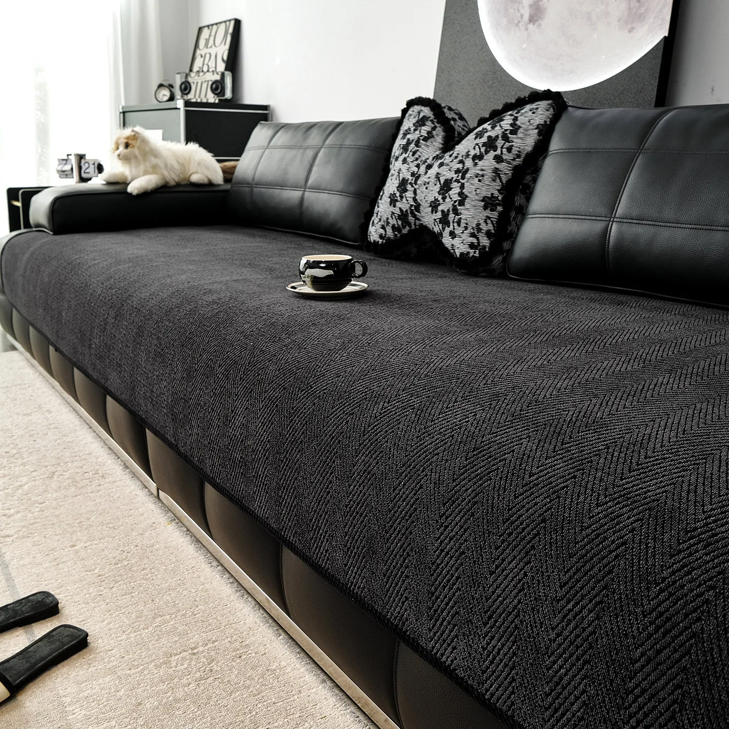 Minimalist Solid Herribone Jacquard Soft Chenille Non-Slip Sofa Cover, for Living Room Couch Seat Cover Pet Friendly