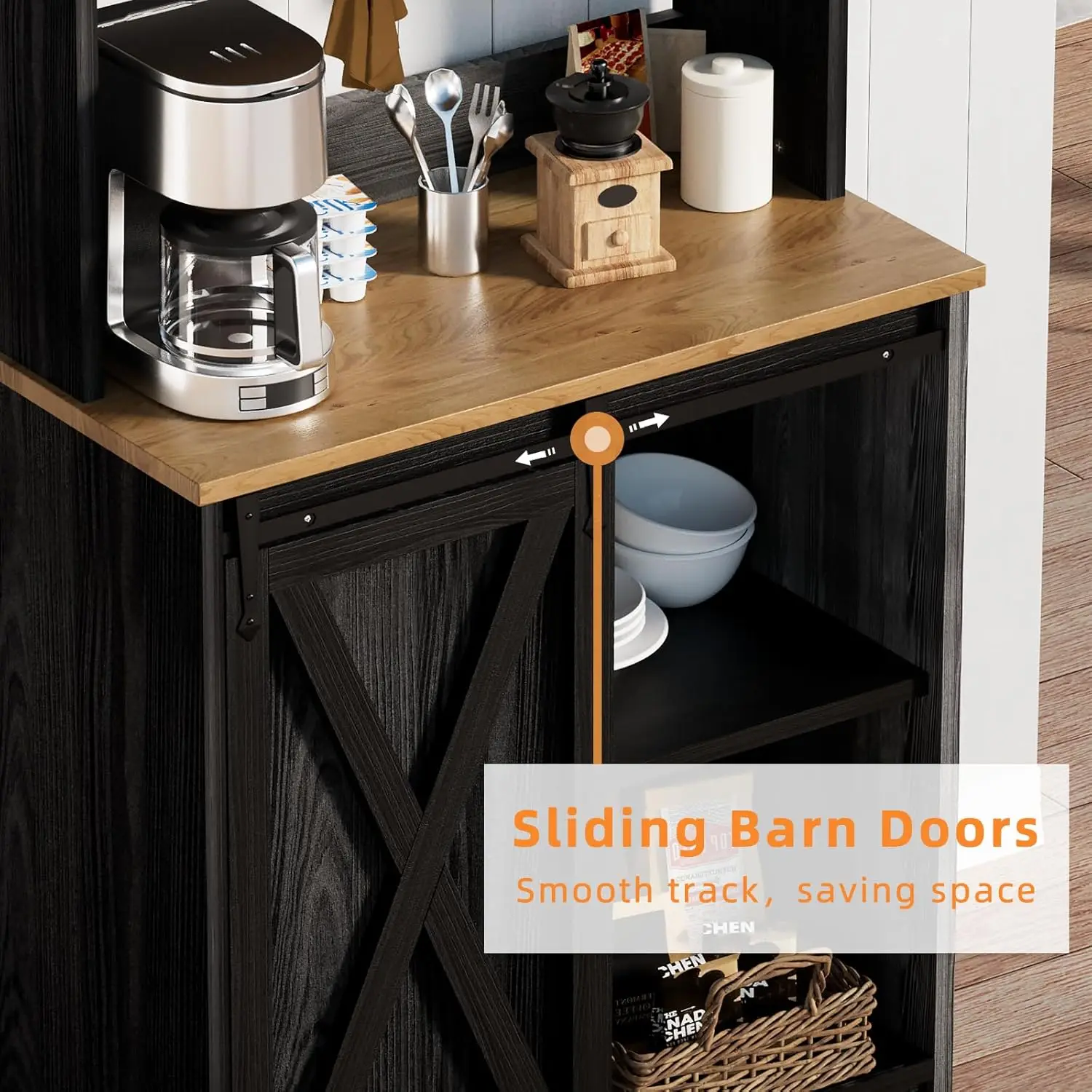 Barra de café de granja, almacenamiento de 3 niveles de 56' con estantes ajustables, 6 ganchos, estación de bar de cocina negra