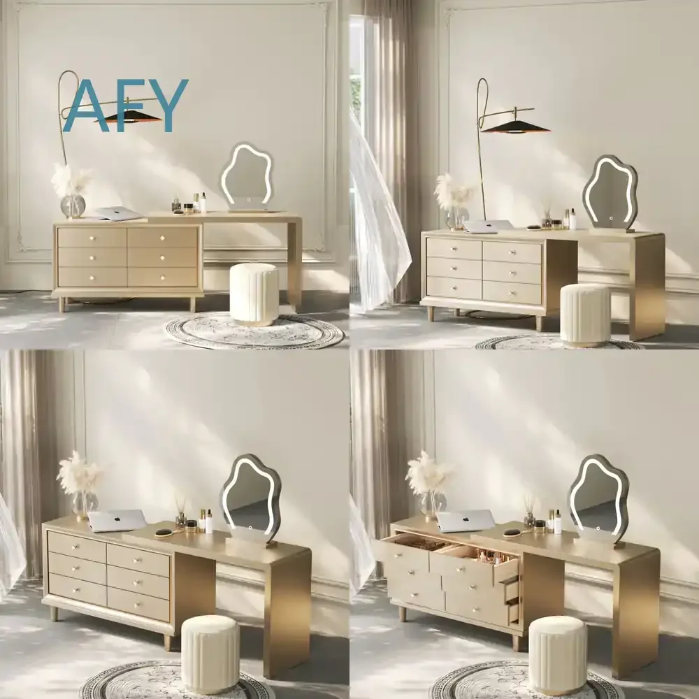 Luxury Modern Wooden Dressing Table with Lighted Mirror for Bedroom Vanity Coiffeuse for Hotel Use for iPhone for iPad for