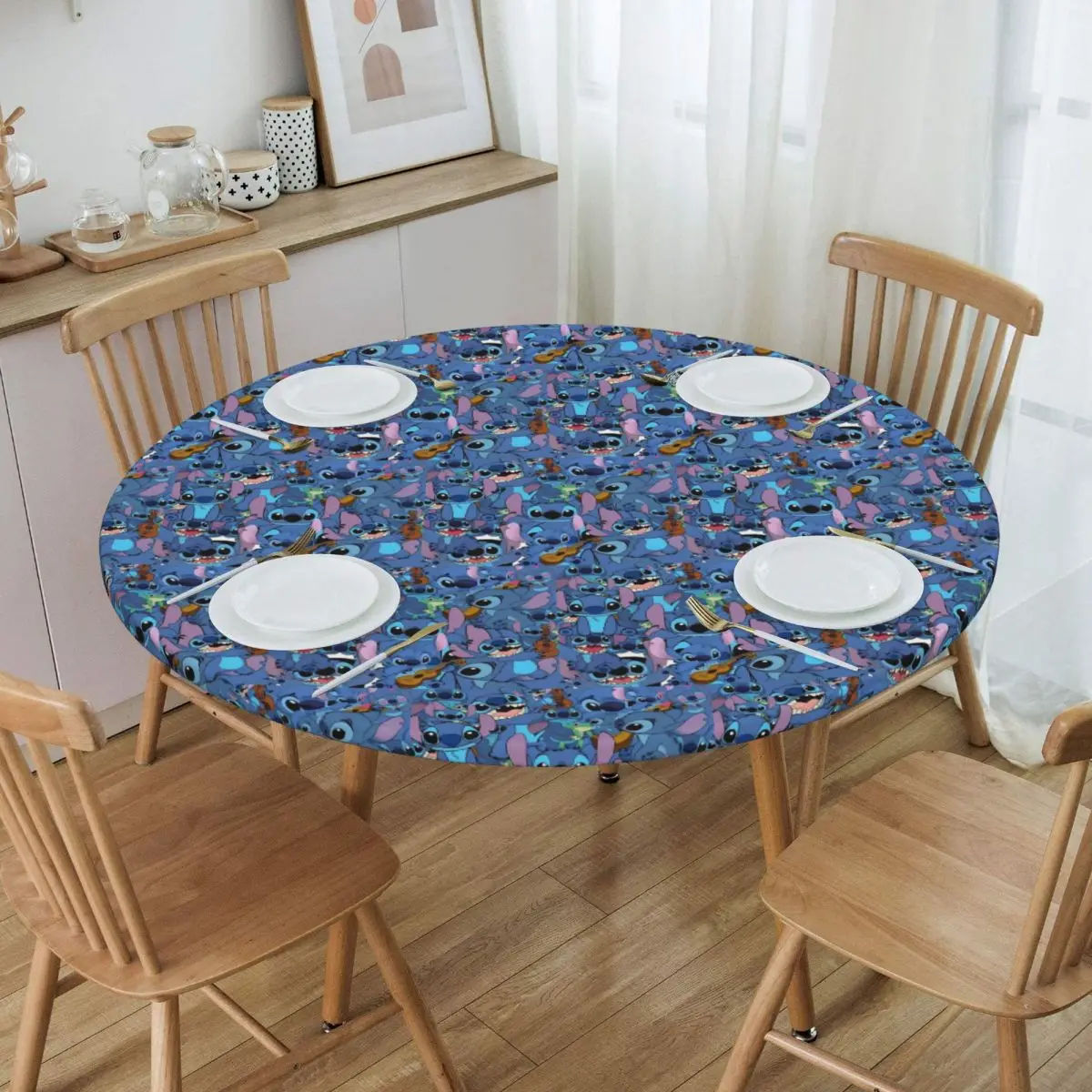 Custom Round Waterproof Lilo And Stitch Pattern Table Cover Elastic Fitted Cartoon Table Cloth Backed Edge Tablecloth for Dining