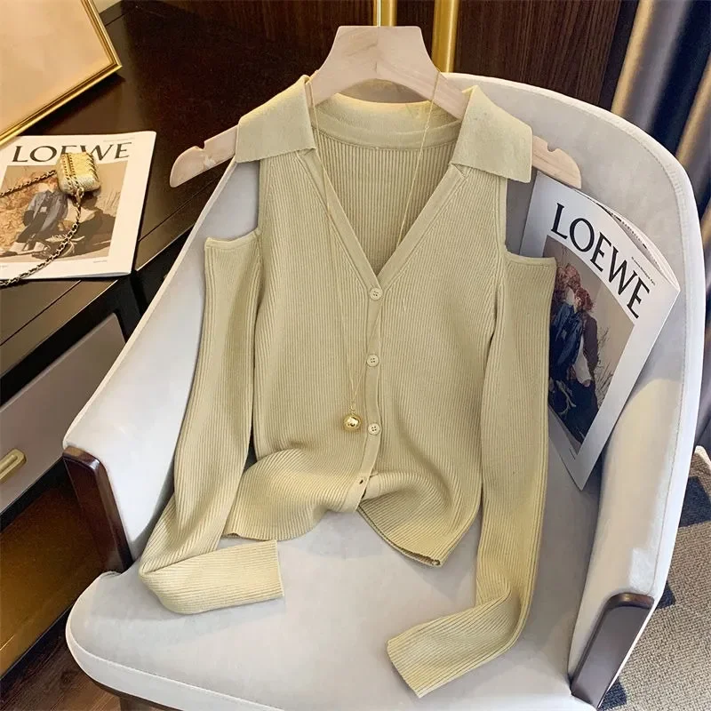 Women Clothes Spring Autumn Fashion Simplicity Trend Button V-neck Knitting Ladies All-match Appear Thin Off Shoulder Long Sleev