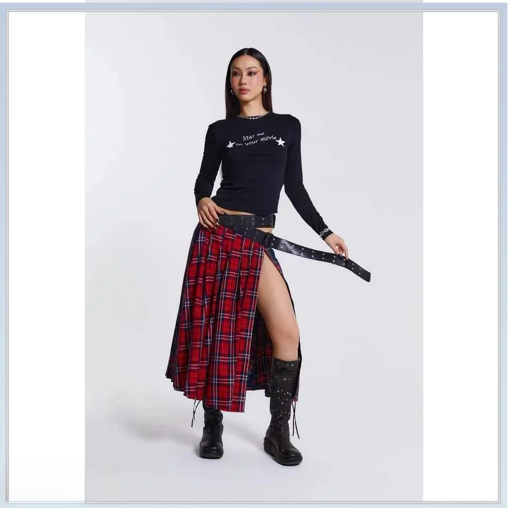 

Jaded London Sexy Y2K Plaid Long Folded Skirt with Belt Slit f-length A-Line Cotton Gingham Cheered Work Commute Skirt