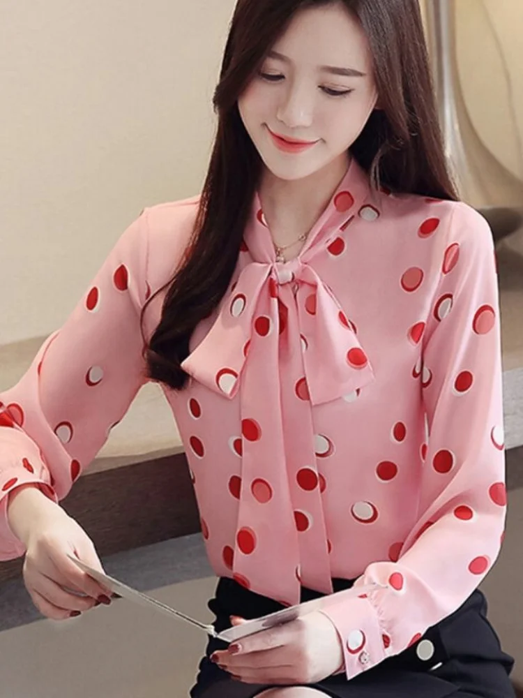 Automne nouveau Sle femmes irt rose coeur imprimé mousseline de soie haut nœud conception Simple coréen Sle Faion Sensation ort Sve