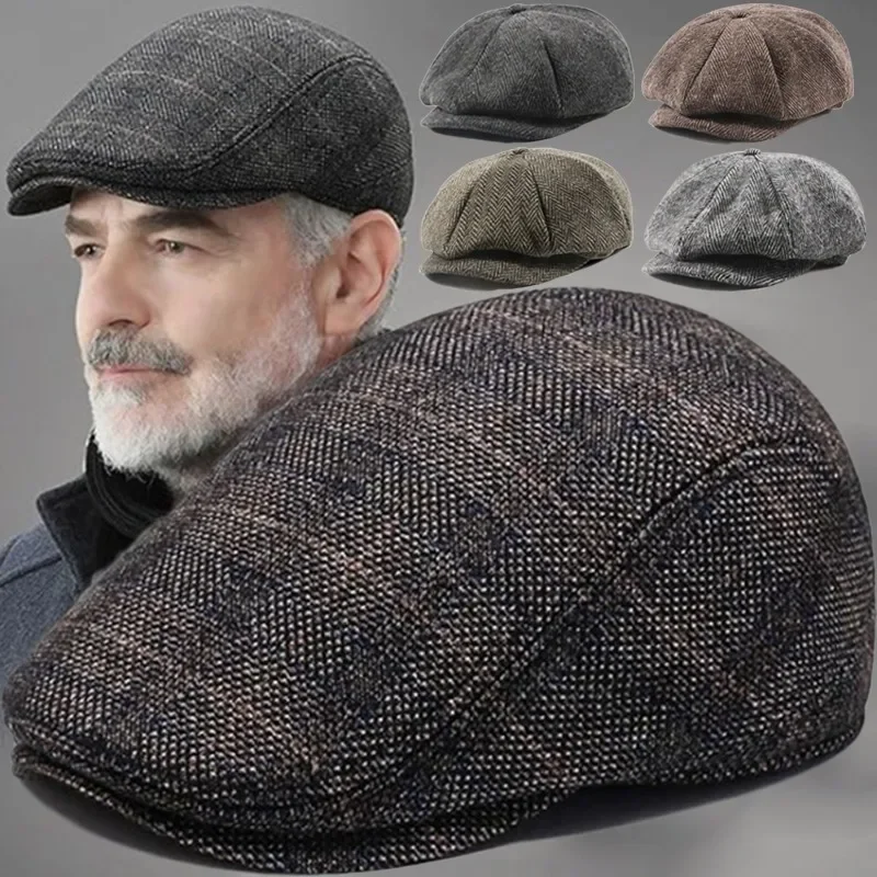 Herren Retro Baskenmütze Britische Hüte Wollmischung Vintage Fischgrät-Tweed Herren Lässige Mode-Mütze Flache Warme Mützen Geschenke