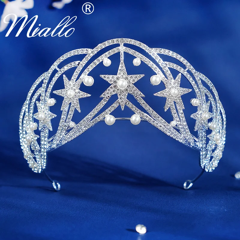 Rhinestone Star Crown Bridal Wedding Tiaras and Crowns for Women Hair Accessories Pearl Hair Jewelry Party Bride Headpiece