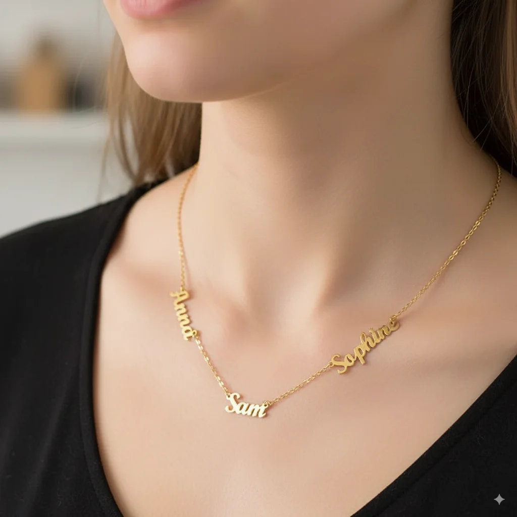 Personalisierte benutzerdefinierte 1–9 Namen Halskette Edelstahl 18 Karat vergoldet Paar Kinder Namenskette Familienmitglieder Namensschmuck
