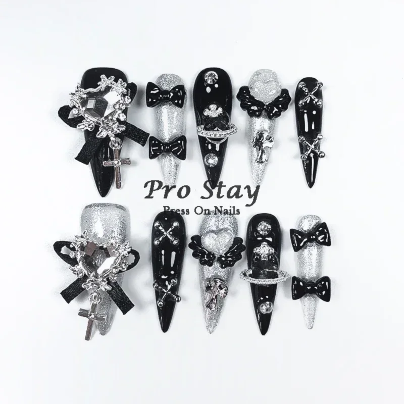 

10pcs Dark black Y2k Hot Girl Handmade Press On Nails Sweet Cool With Diamond Metal Decoration Wearable Artificial False Nail