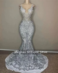 Silver Spaghetti Long Prom Dresses For Black Girls Bead Crystal Appliques 2025 Birthday Luxury Dress Graduation Gown Customized