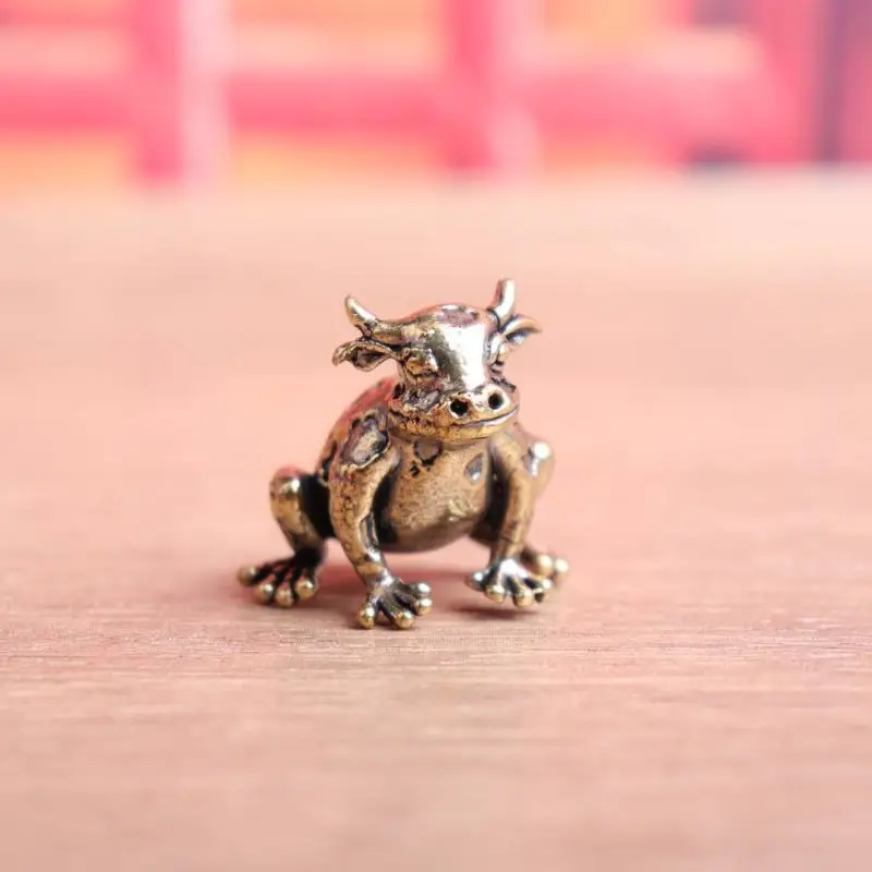 Brass Bull Head Frog Small Statue Vintage Animal Figurine Desktop Ornament