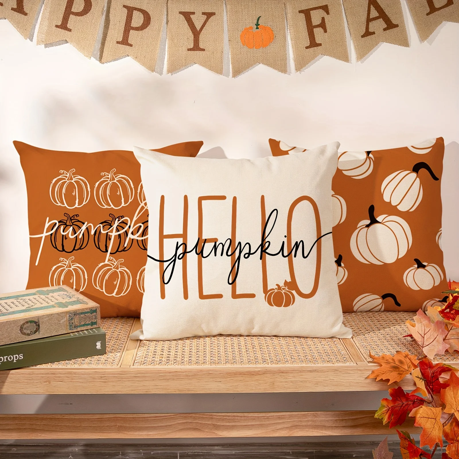 1 Stück/4 Stück Vintage-Herbst-Kissenbezüge 45,7 x 45,7 cm – Herbst-Orange-Weiß-Kürbis-Design für Weihnachten, Erntedankfest – Detail 11