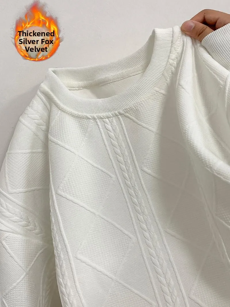 

White Silver Velvet Embroidered Sweatirt Men's Autumn Winter Thiened Fce Warm Top American Sle Inner Wear Long S...