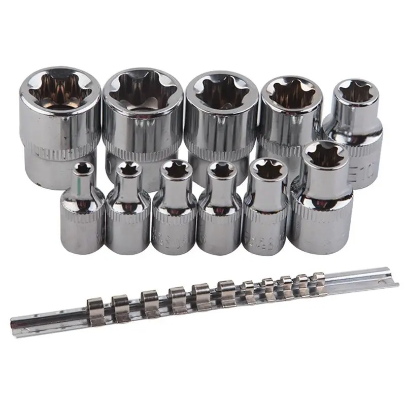 Jun.A-Female E-TORX Star Socket Set with Rail 11 Pcs Female External Star Socket Set E4 - E20 Torque Socket Set Alloy Steel
