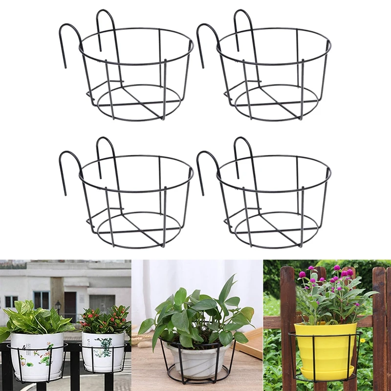 

4Pcs Hanging Railing Planters Flower Pot Holders Plant Iron Racks Fence Metal Potted Stand Mounted Balcony Baskets