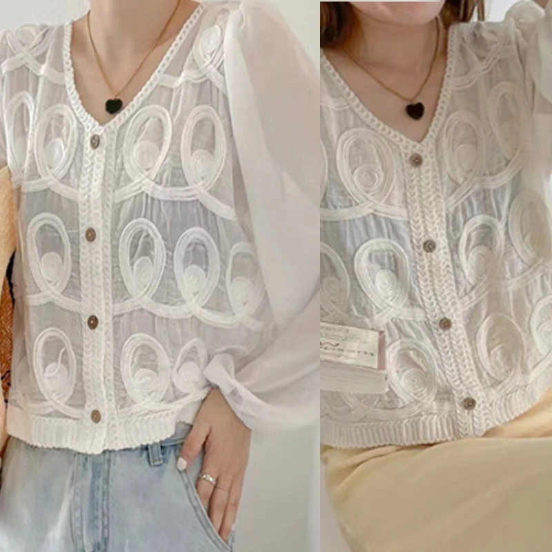 

Women V-Neck Button Up Cropped Cardigan Top Puff Long Sleeve Hollow Out Crochet Lace Patchwork Blouses Drop Shipping