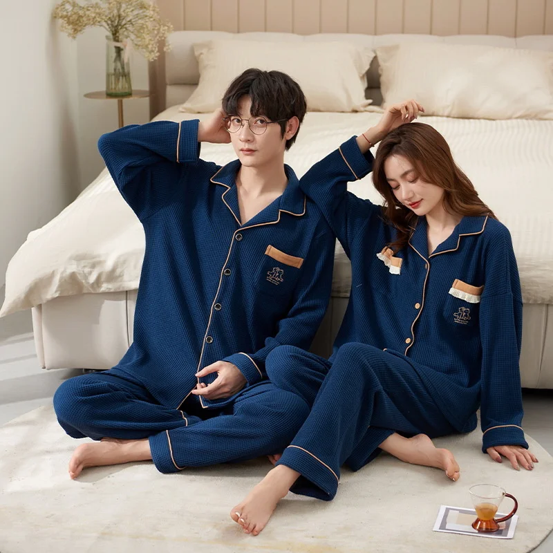 Spring Autumn Long-sleeved Korean Cardigan Cotton Sleepwear Two-piece Set Casual V-neck Cute Cartoon Loose Couples Pajamas