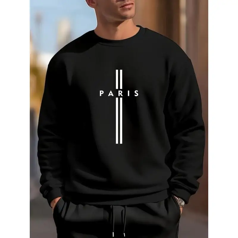 

Men Paris Sweatshirt Minimalist City Graphic Pullover Crewneck Loose Fit Streetwear Fashion Travel Urban Style Top