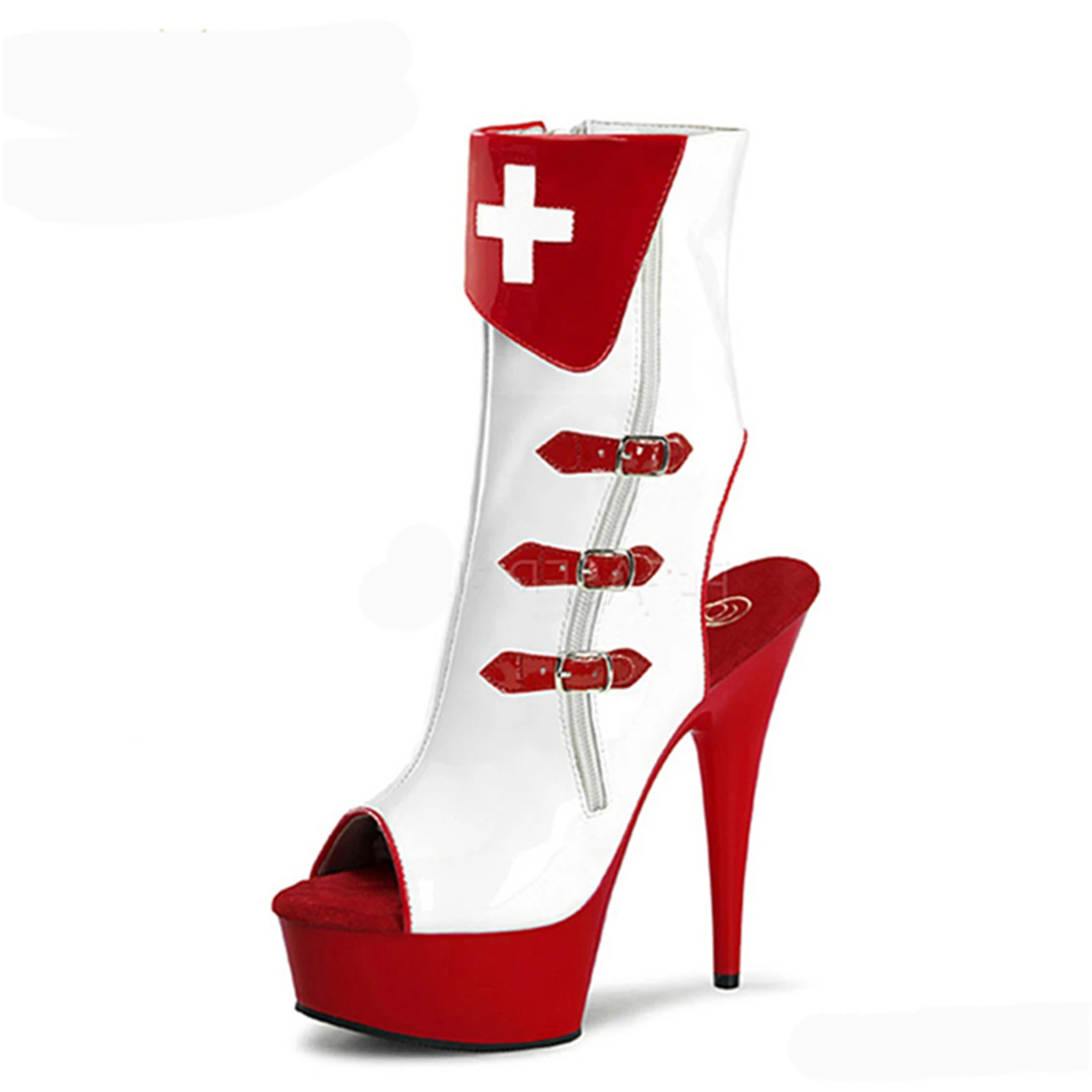 

15CM Medical Fetish Boots White Red Cross Nurse Costume Platform Heels Peep Toe Ankle Boots Stage Show Party Shoes