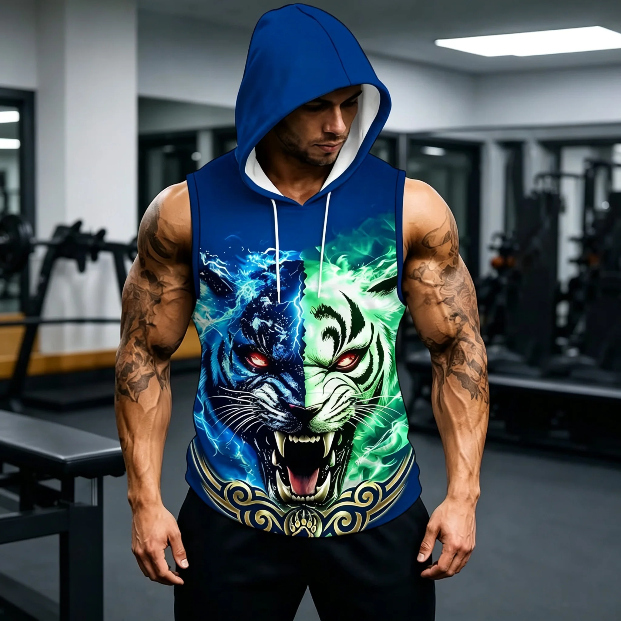 Men Hooded Sleeveless Tank Top 3D Tiger Head Print Gym Muscle Vest Workout Bodybuilding Fitness Sports Hoodie Sleeveless Shirt