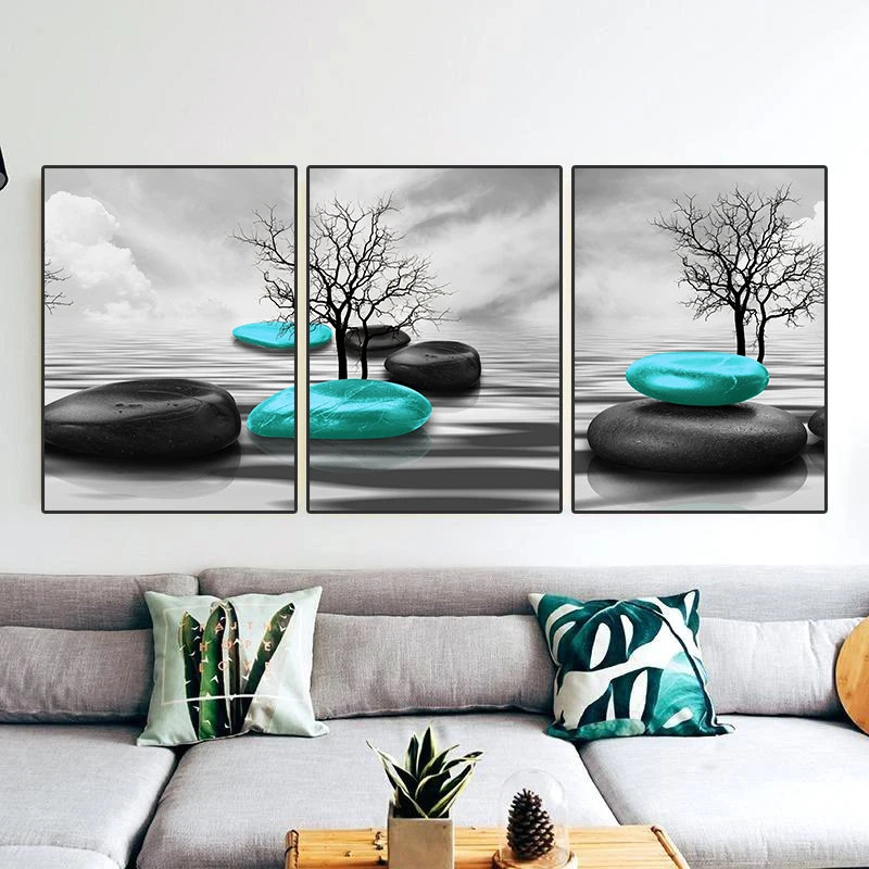 New Chinese Style Zen Stone Green Blue Canvas Painting Wall Art Black and White Landscape Tree Posters for Living Room Decor