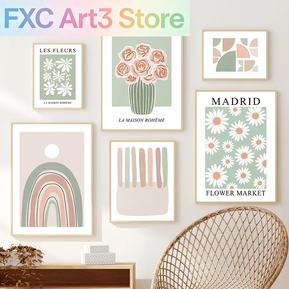 1 pieza de arte de pared sin marco, abstracto, nórdico, con formas geométricas de rosa, margarita, arcoíris y sol, pósteres, impresiones, cuadros en lienzo para la sala de estar
