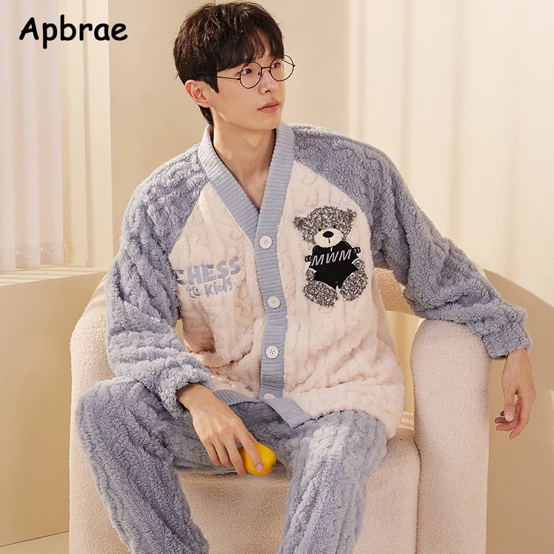 Winter L-3XL Mens Pajamas Set Thick Flannel Sleepwear for Men Bear Print Man\'s Warm Long Sleeves Pijamas Kimono Loungewear