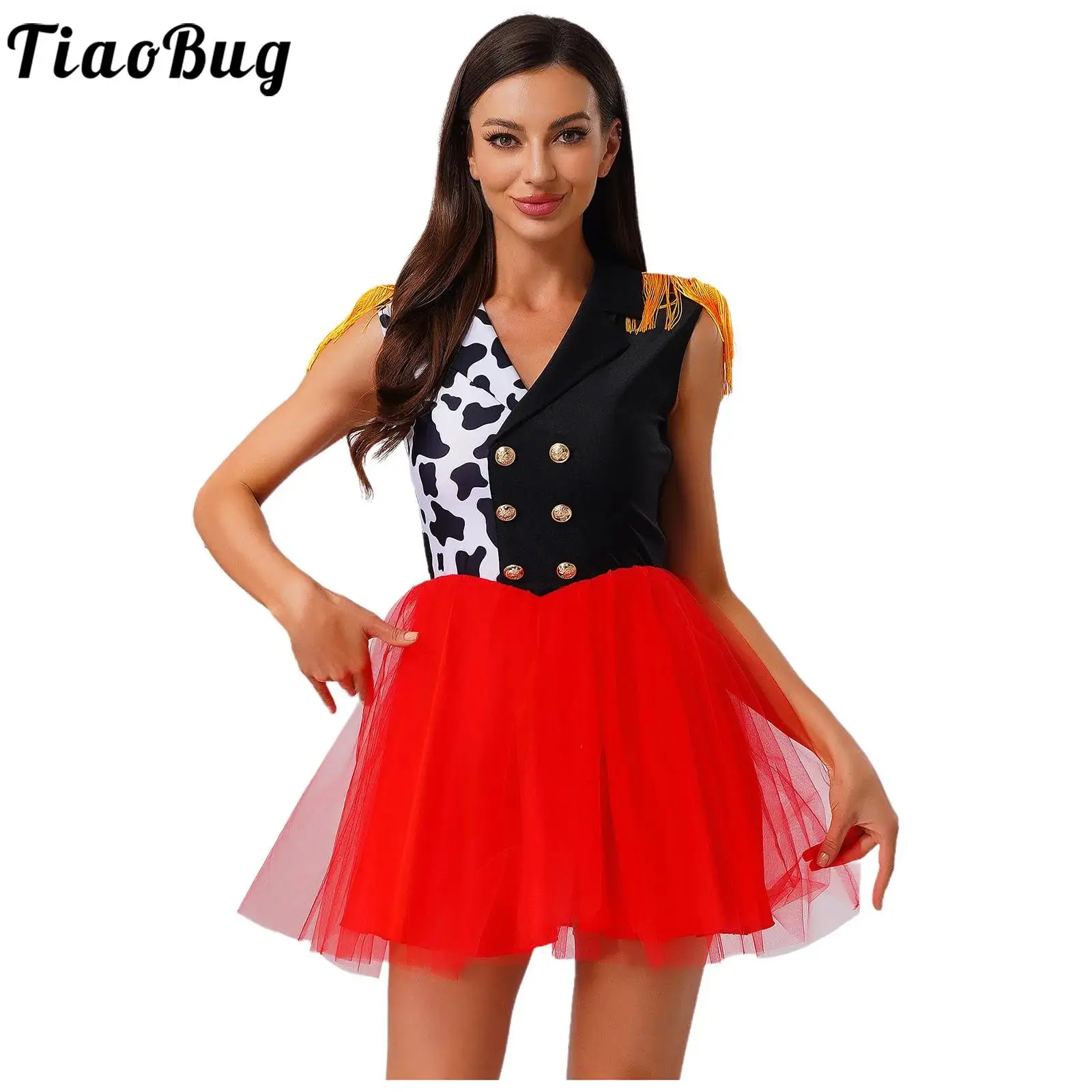 

Women Killer Clown Circus Ringmaster Cosplay Costume Tutu Dress Sleeveless Tassel Epaulets Tulle Hem Dress for Halloween Party