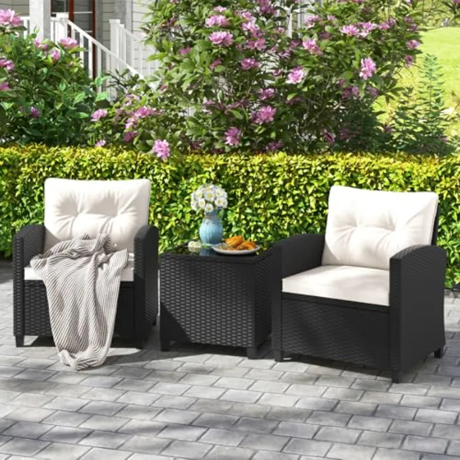 3 Pieces Wicker Patio Conversation Set for Garden Poolside Balcony, PE Rattan with Off White Washable Cushions and Tempered Gla