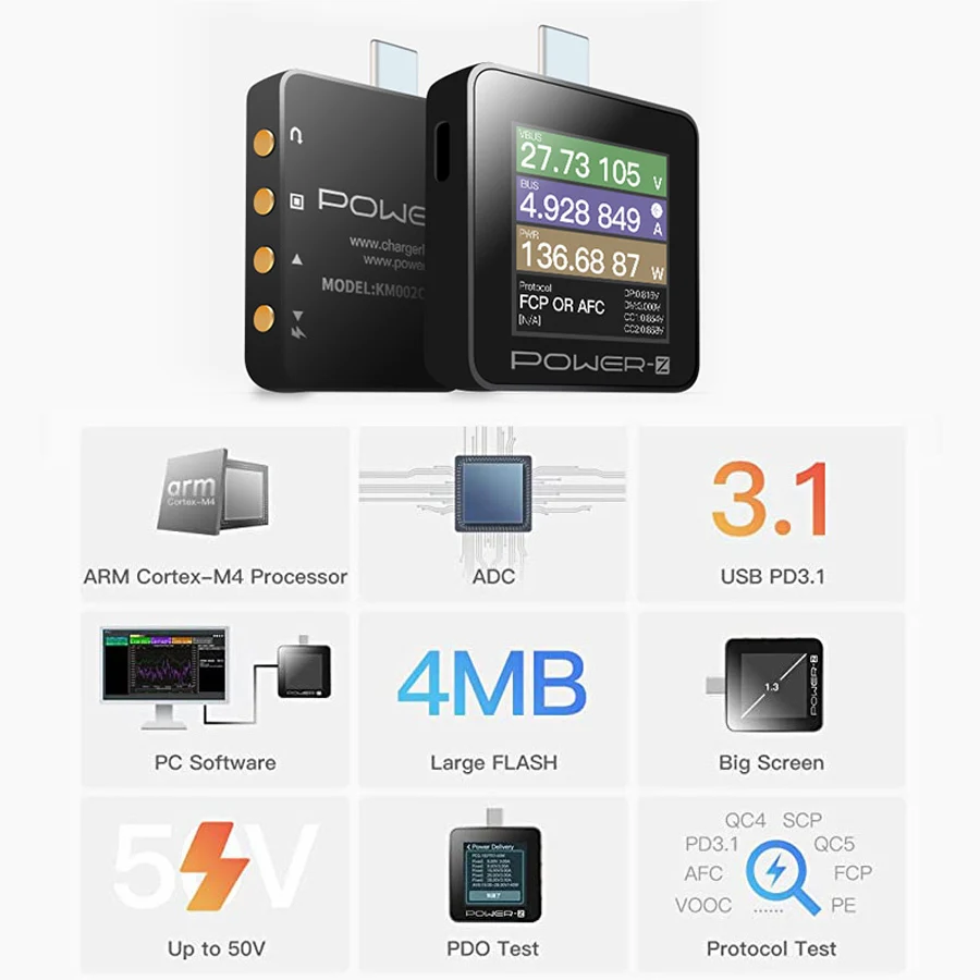 ChargerLAB POWER-Z KM003C 240W PD3.1 QC5 SCP FCP AFC VIFC EPR UFCS Protocol 48V Range Dual USB C Charger & Cable Tester KM002C