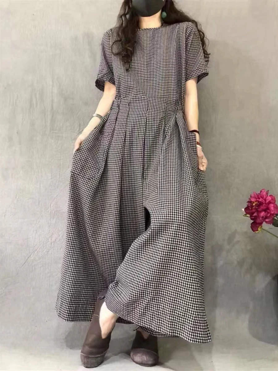 Summer Faion Pleated Plaid ort Sve Rer Wide Leg Pants Casual round Ne High Waist Straight Cut Women's plus Size