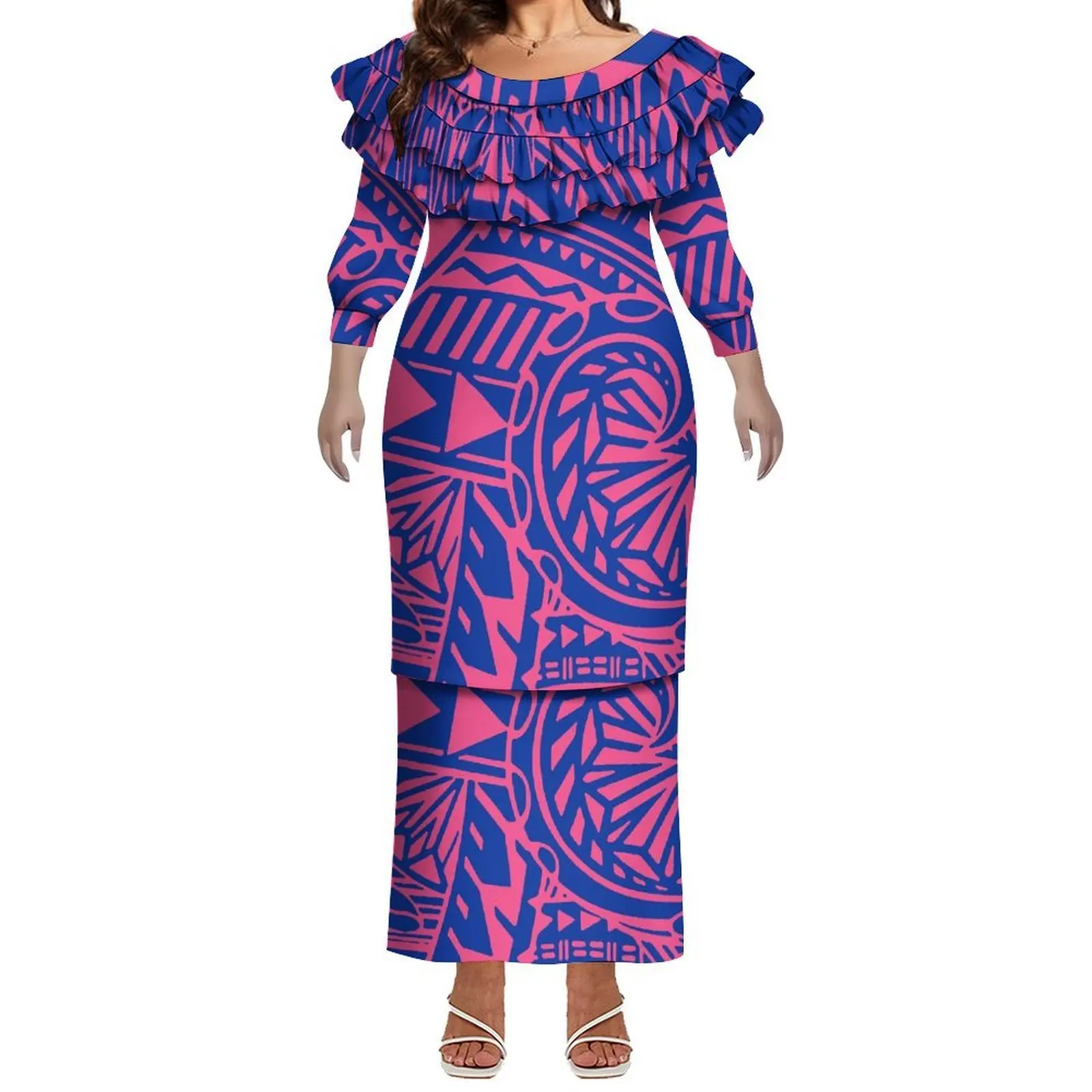 Art Design Lady'S Elegant Suit Skirt Polynesian Custom Wholesale Designed Pattern Ruffled Lace Puletasi Style Suit Skirt