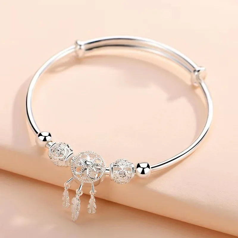 Pulsera de plata de ley 925 para mujer, brazalete ajustable con cuentas redondas, atrapasueños, borla, pluma, joyería de boda