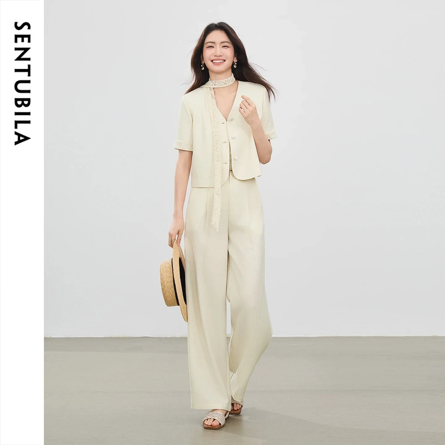 SENTUBILA Women 2026 Summer Commuter Two Piece Outfit Ladies V Neck Cropped Jacket Long Pant Suit Detachable Lace 162ZA7312