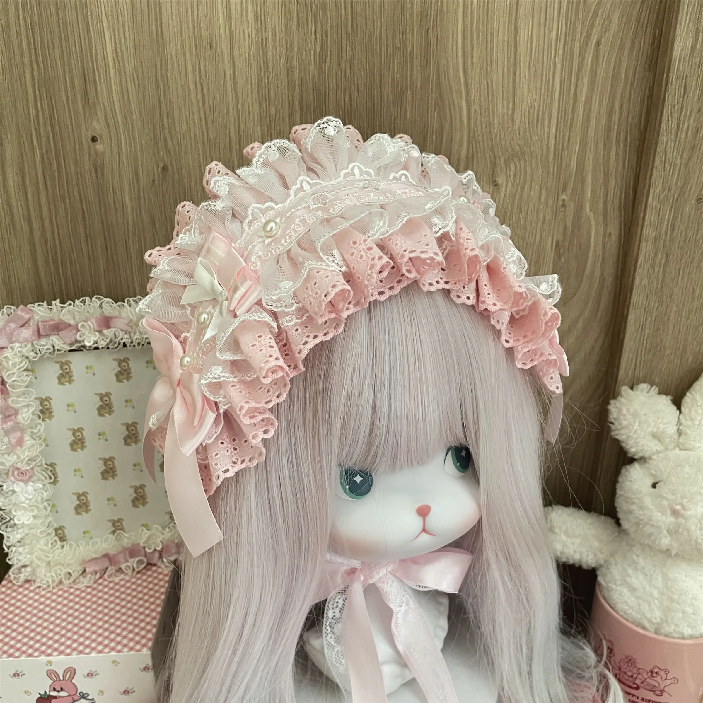 

Lolita Pink and White Hair Bands Hair Accessories Lace Bow Headband Pearl Headdress for Hair Women Girls Hair Band KC