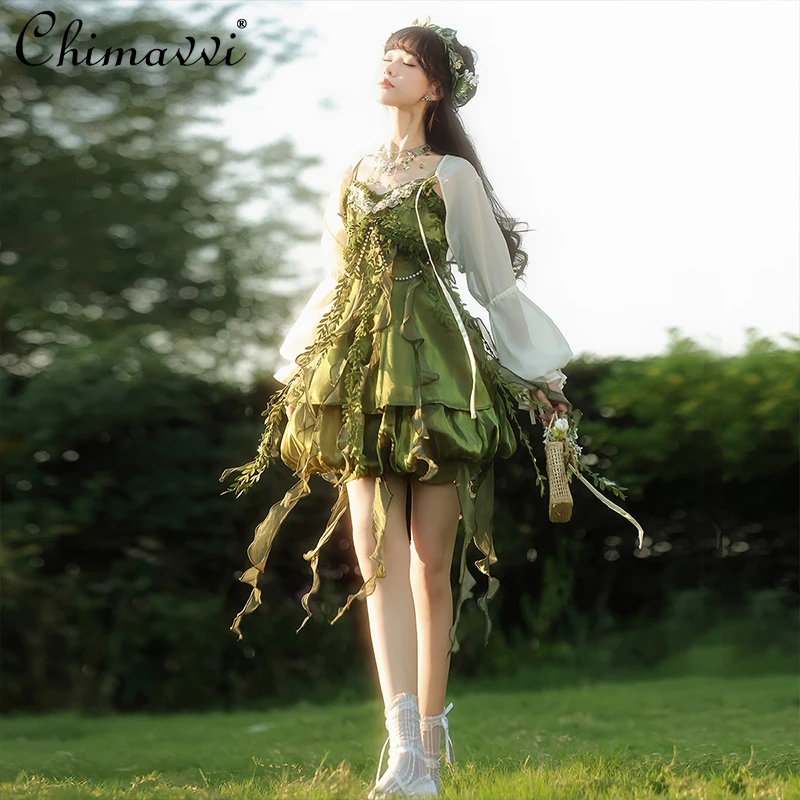 

Lolita Mori Style Dress Set Sweet Girl Green Strap Top + Flower Bud Skirt 2025 New Super Fairy Princess Women's Three Pieces