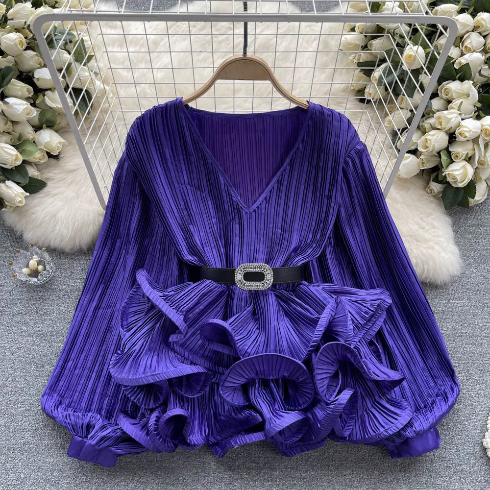 Elegant Ruffle Puff Long Sleeve Pleated Blouse Chic Vintage V Neck Fashion Top Women Spring Autumn Birthday Party Shirts Y2k