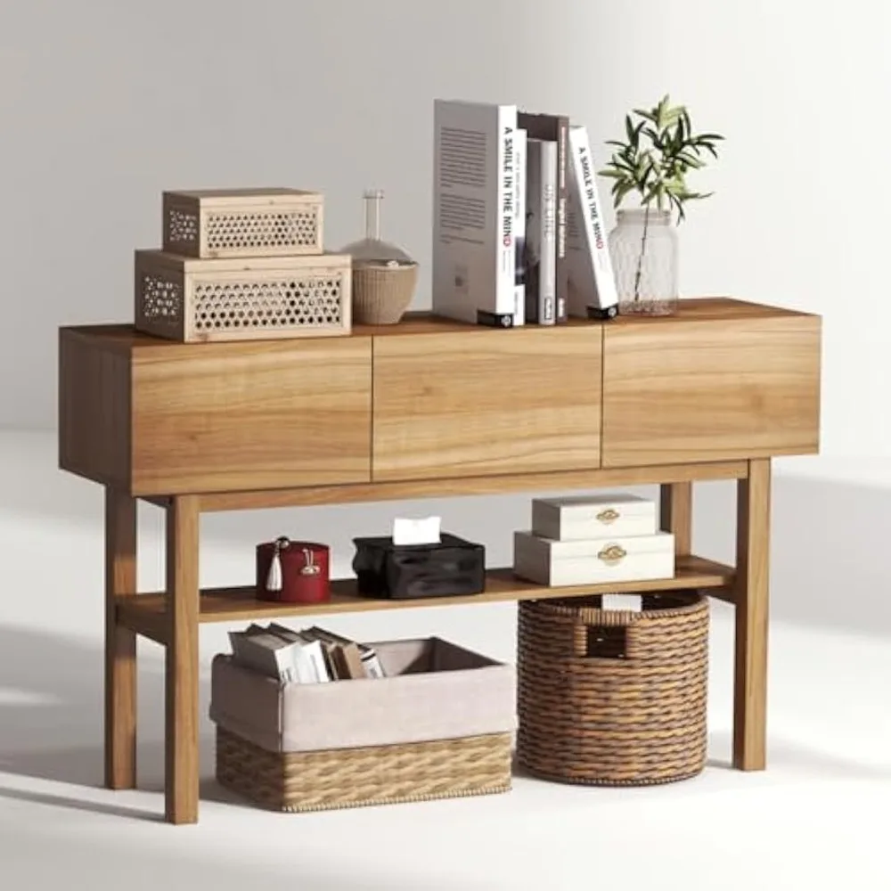 

Wood Console Table with 3 Drawers Rustic Sofa Table Entryway Table with 2-Tier Storage Shelves Hallway Foyer Behind Couch
