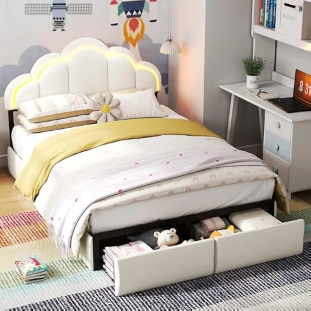 

Full Upholstered LED Bed Frame with 2 Storage Drawers,Chic Double Wavy Headboard,Velvet Princess Platform Bed,Wood Slats Support