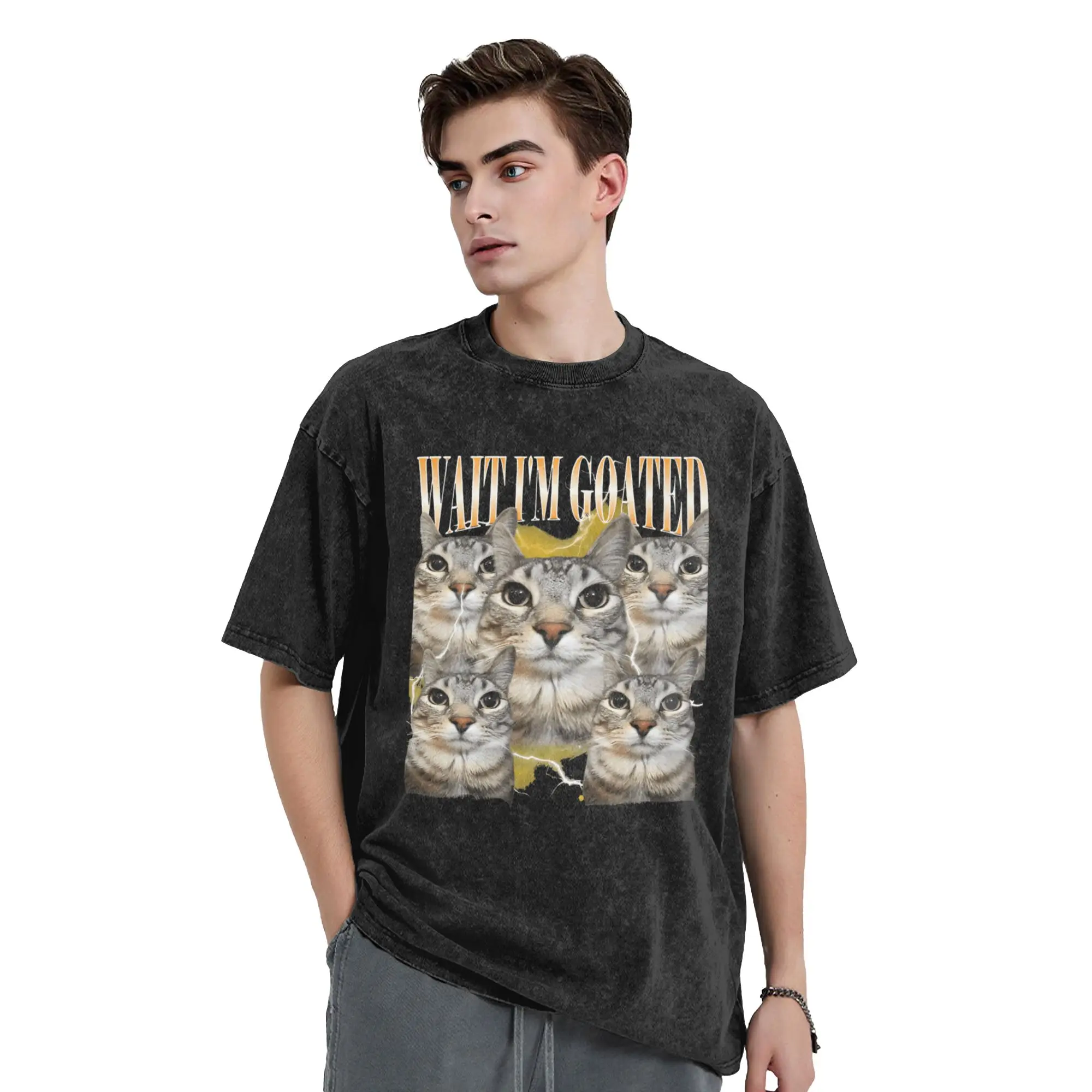 Wait Im Goated Cat Meme T-Shirt for Men  Vintage Cotton Tees Round Collar Short Sleeve T Shirt Birthday Present Clothing