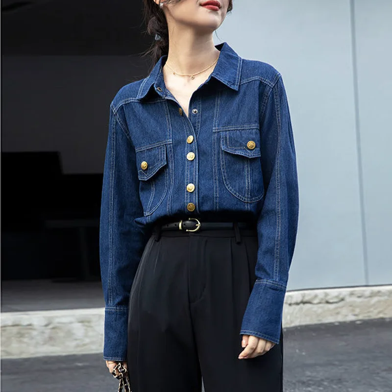 

Vintage Women Denim Shirts Spring Autumn Long Sleeve Jeans Shirt Dark Blue Female Tops