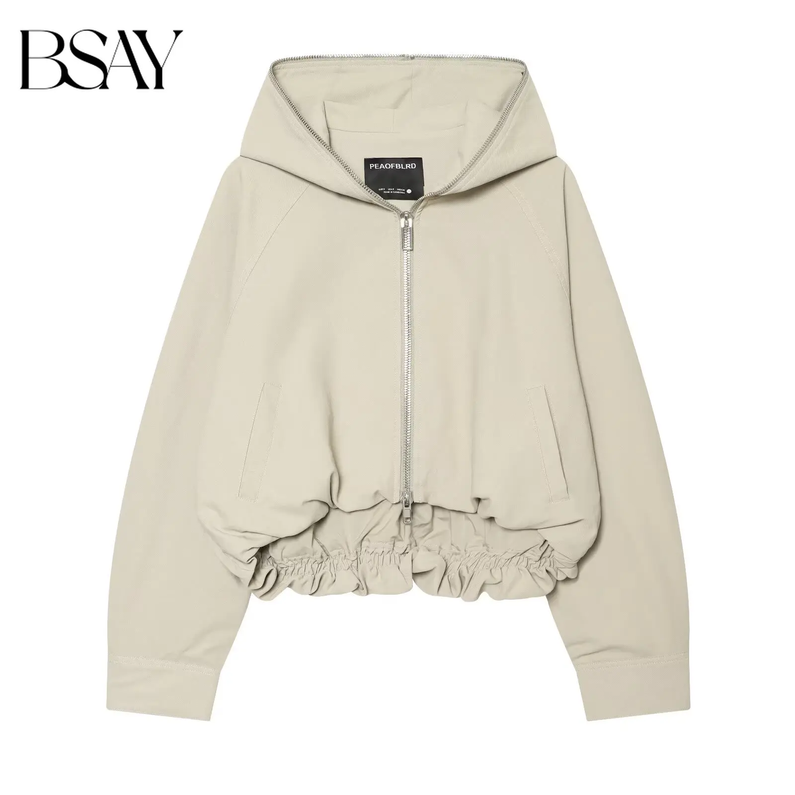 BSAY Neue minimalistische beige Kapuzenjacke für Damen, lockere, kurz geschnittene Oberbekleidung mit durchgehendem Reißverschluss, langärmliger Windbreaker im lässigen Workwear-Stil