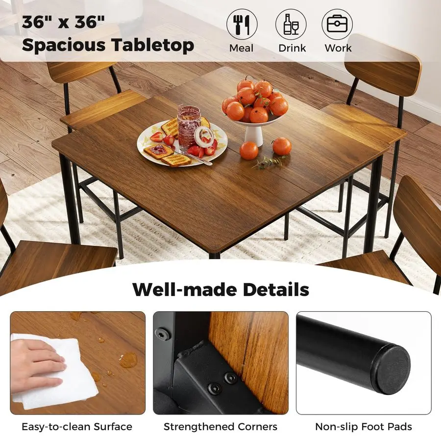 5Piece Dining Table Set for Small Space, Kitchen Table and Chairs Set for 4 with Steel Frame, Square Breakfast Table Set, Indust