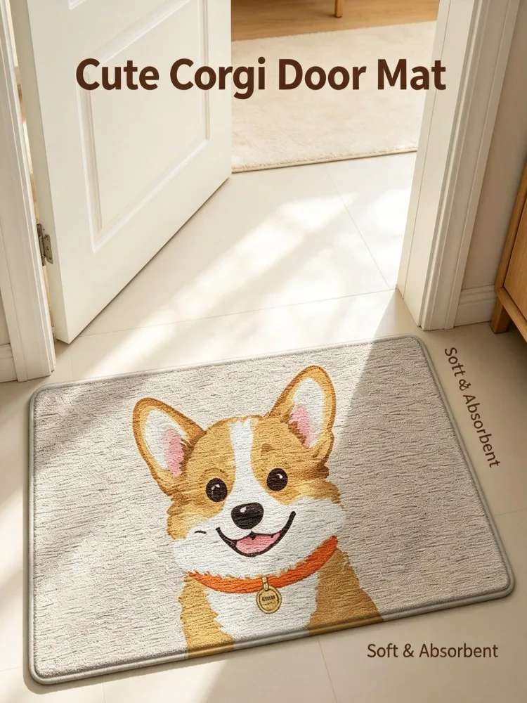 Cute Smiling Corgi Dog Bath Mat, Beige Cartoon Puppy with Orange Collar Water Absorbent Non Slip Floor Rug for Bathroom Bedroom