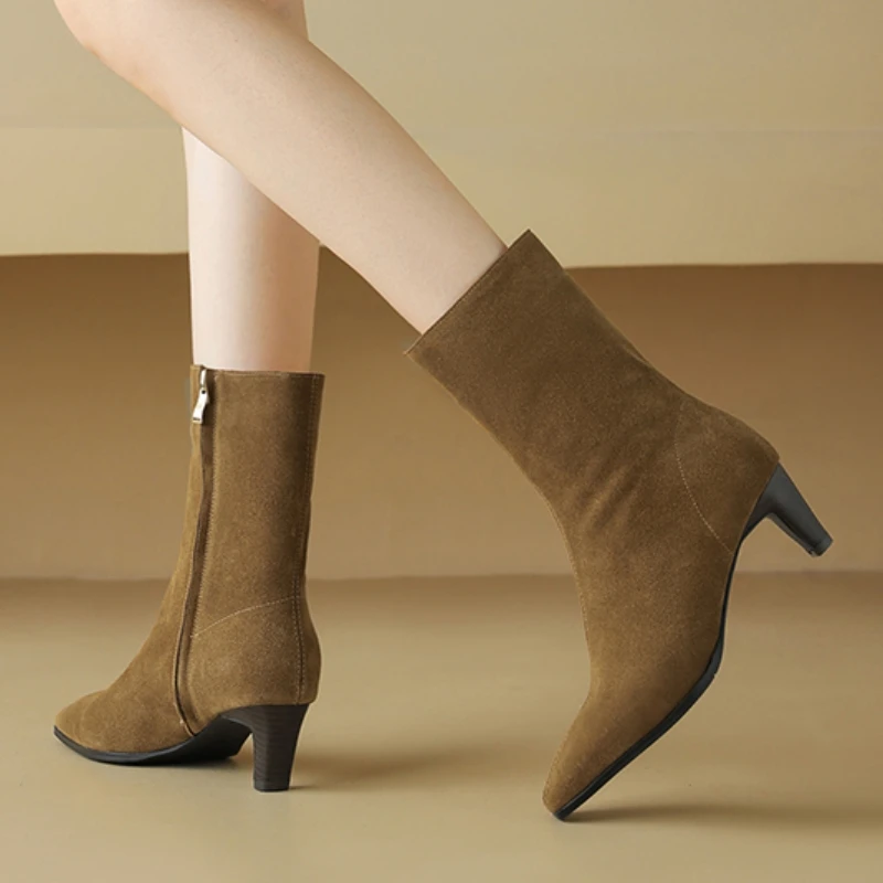 

New Cow Suede Leather Ankle Boots For Women Quality Brand Zipper High Heels Short Boots Autumn Winter Footwear Botas 2025