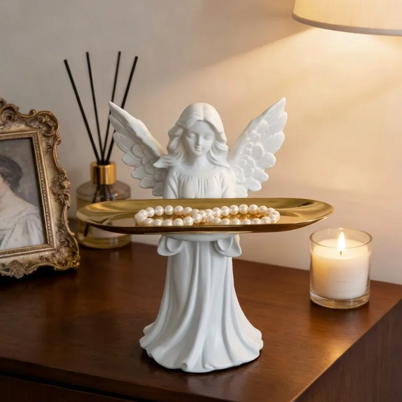 European-style Ceramic Angel Storage Tray for Metal Jewelry Cosmetics Candies Nuts Keys Home White Angel Ornament Storage Box